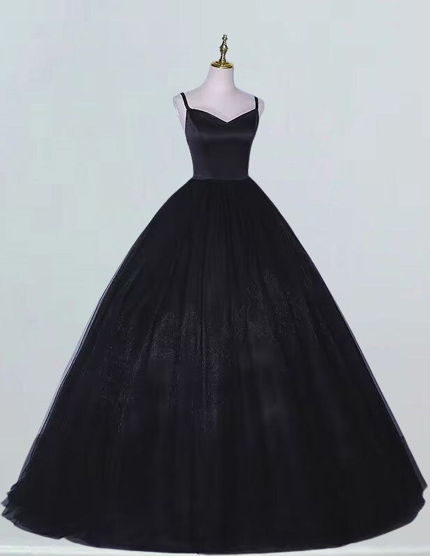 Black spaghetti strap v neck long tulle ball gown floor length quinceanera dress