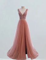 Coral beaded tulle ball gown v neck bridal party dress long princess dress rhinestone crystal graduation gown