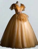 Elegant Gold V-Neck Tulle Prom & Evening Gown with Lace Applique