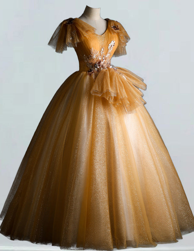Elegant Gold V-Neck Tulle Prom & Evening Gown with Lace Applique