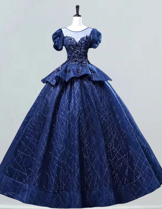 Girls' Navy Sequin Tulle Ball Gown | Scoop Neck Prom & Evening Dress