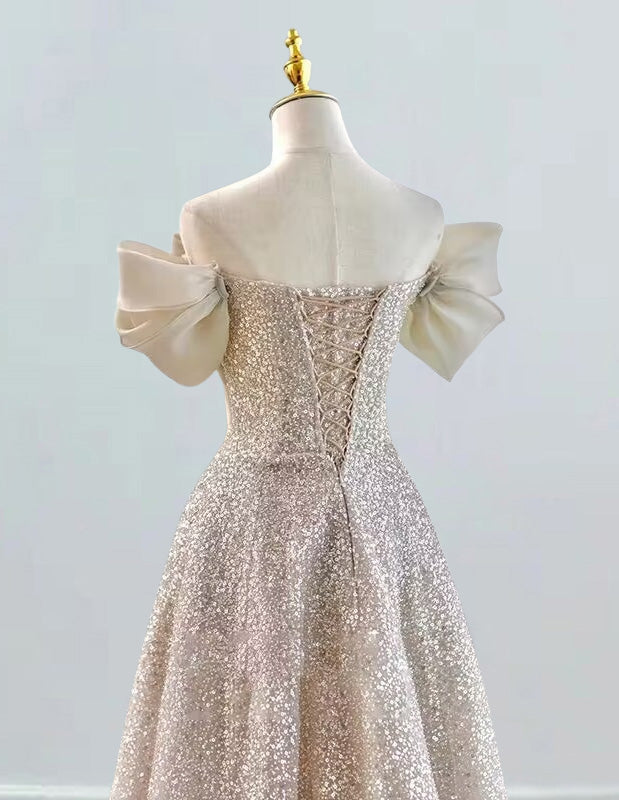 Women's Silver Sequin Off-Shoulder Prom Dress | Elegant Evening Gown