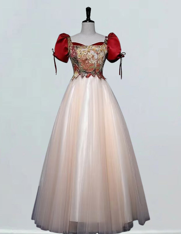 Red printed satin prom dress boat neckline long tulle ball gown plus size lace up evening dress gown