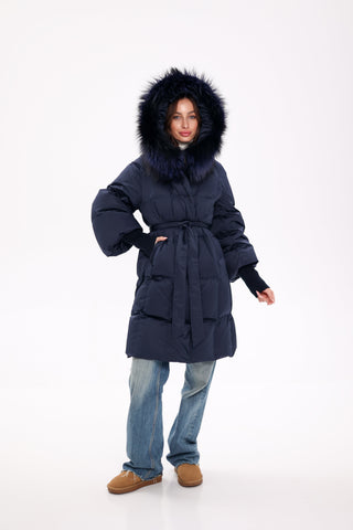 Genuine Fox Fur Trim Down Coat in Royal Blue - By Baano