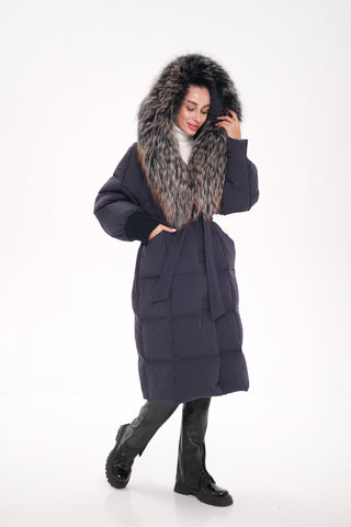 Rei Genuine Fur Trim Hooded Down Coat in Navy - By Baano
