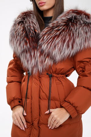 Genuine Silver Fox Fully Lined Hood Down Filled Coat - By Baano