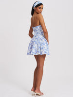 Taleah Blue Floral Print Linen Mini Dress with Lace Trim