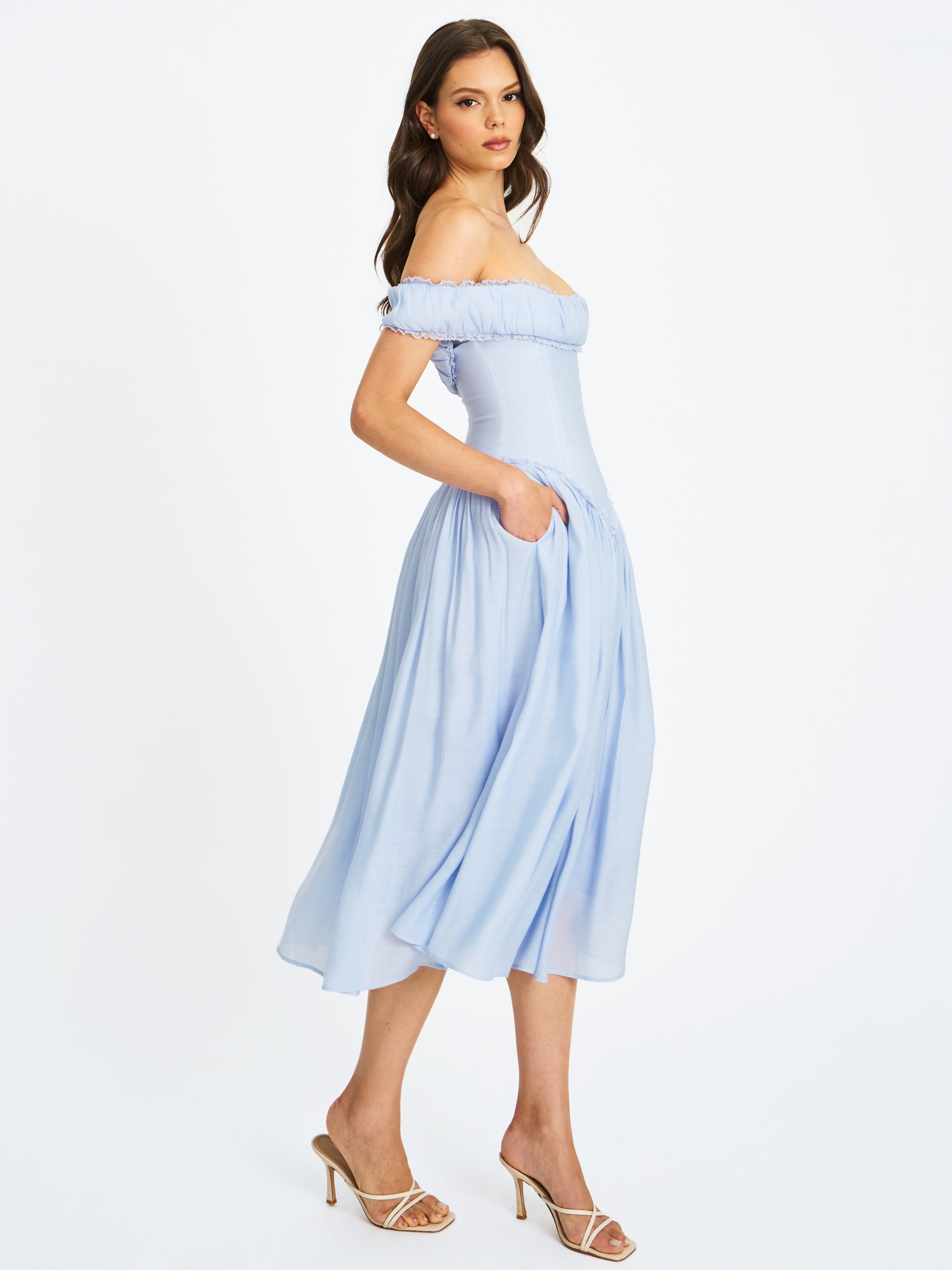 Xavy Baby Blue Off Shoulder Corset Midi Dress Miss Circle