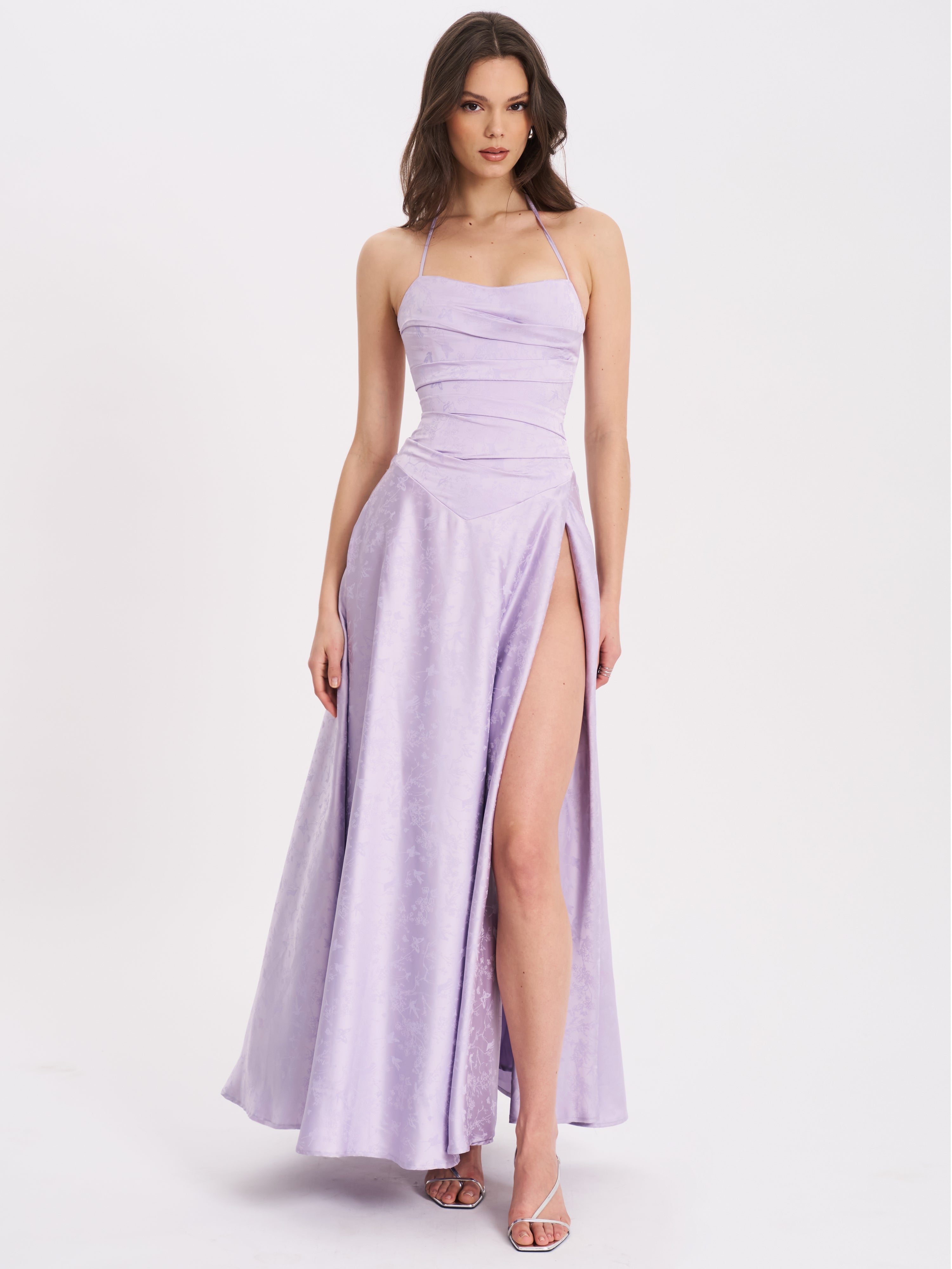 Raegan Taro Purple Jacquard Rouched Maxi Dress