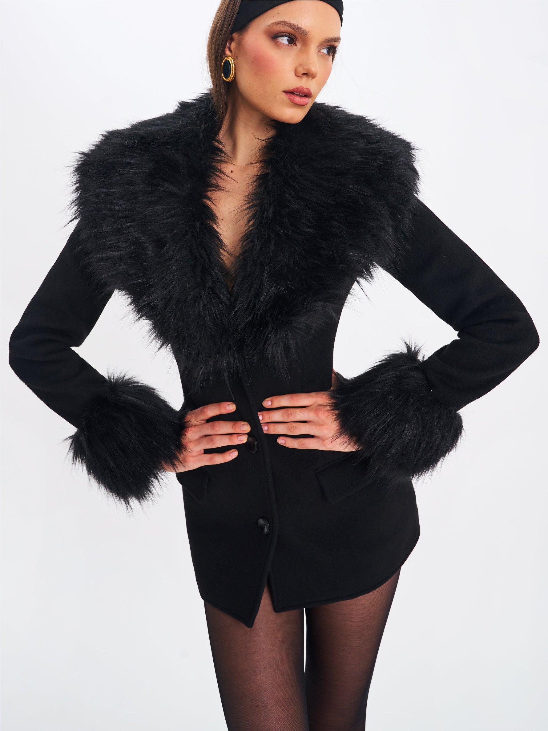 Hailee Black Single Breasted Wool Blend Mini Coat with Removable Fur Lapel Miss Circle