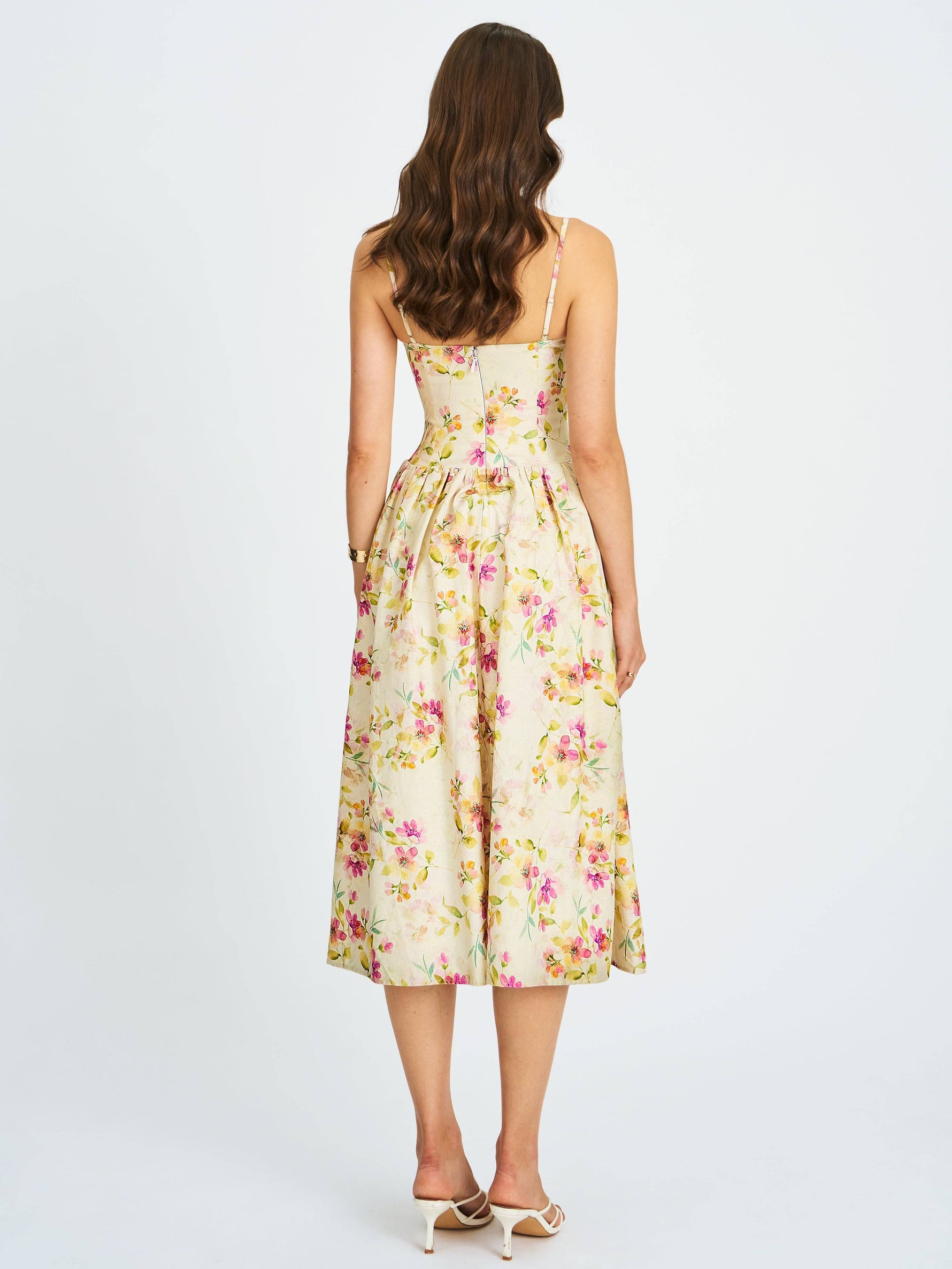Jacinda Yellow Floral Print Ruched Breast Linen Midi Dress