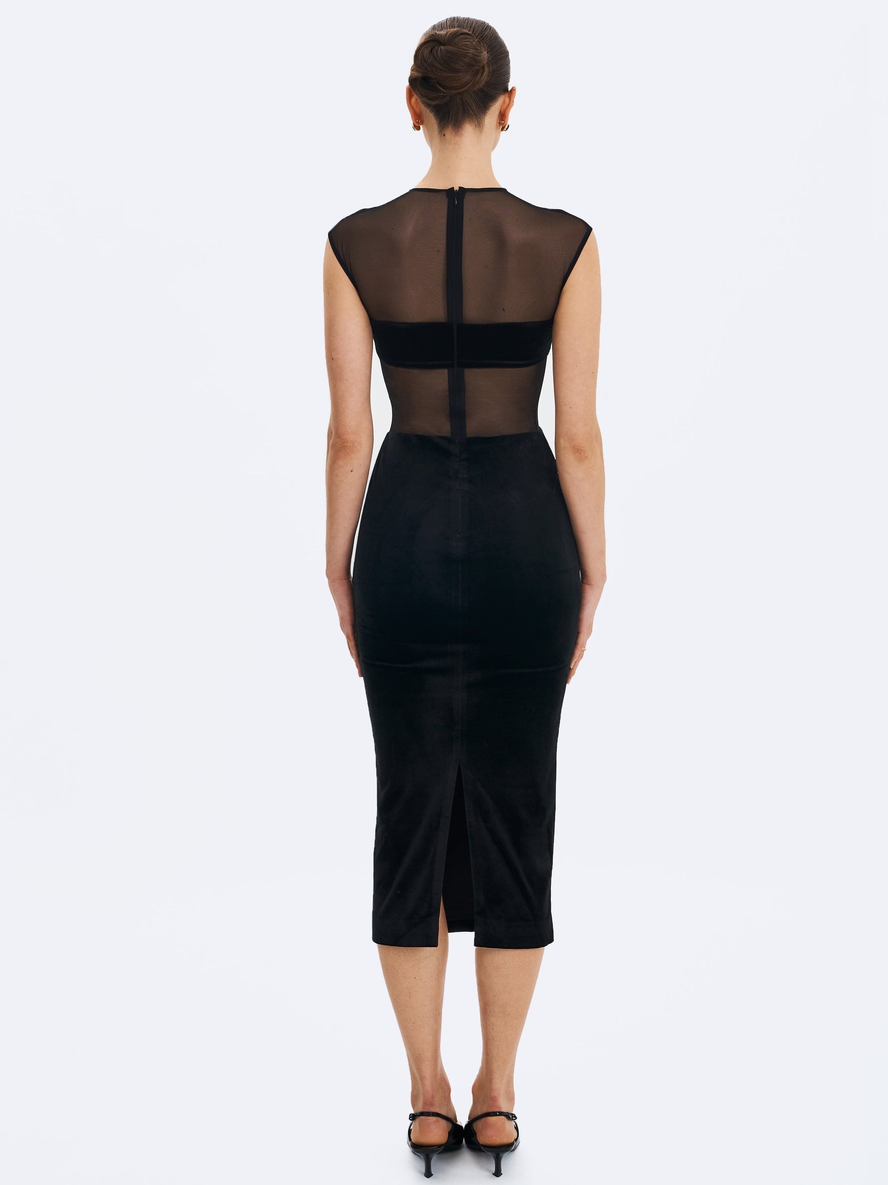 Quielle Black Mesh and Velvet Midi Bodycon Dress Miss Circle