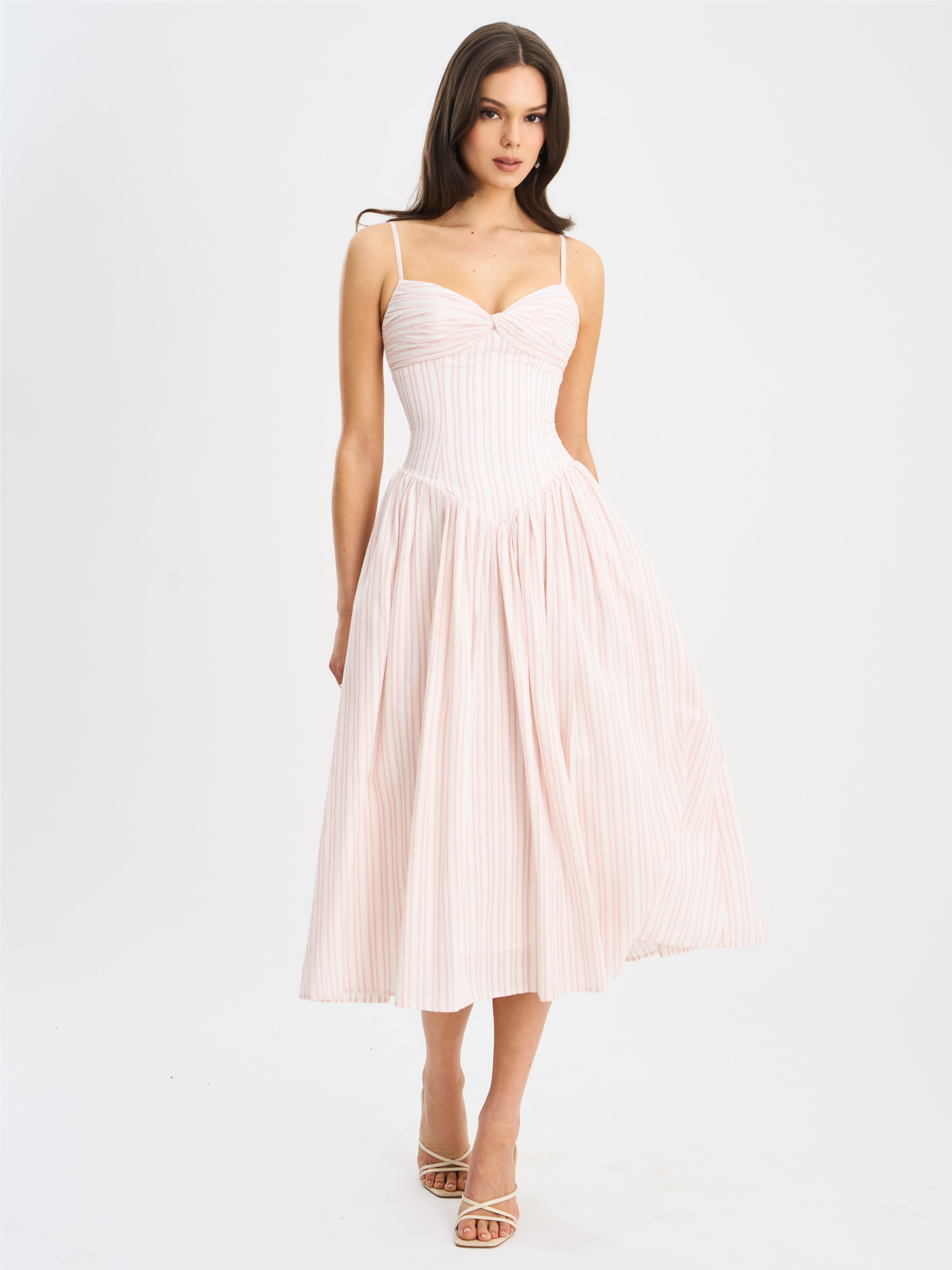 Zania Pink Stripe Ruched Breast Cotton Jacquard Midi Dress Miss Circle