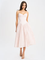 Zania Pink Stripe Ruched Breast Cotton Jacquard Midi Dress Miss Circle