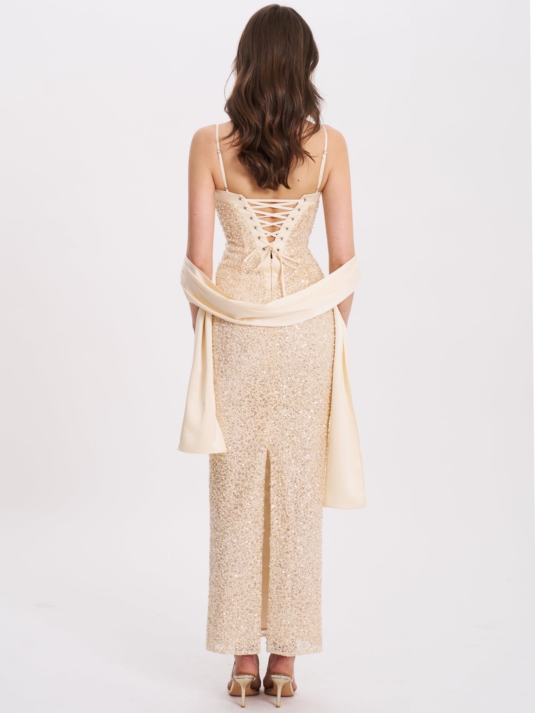 Raizel Gold Beaded Sequin Bodycon Gown with Scarf Miss Circle