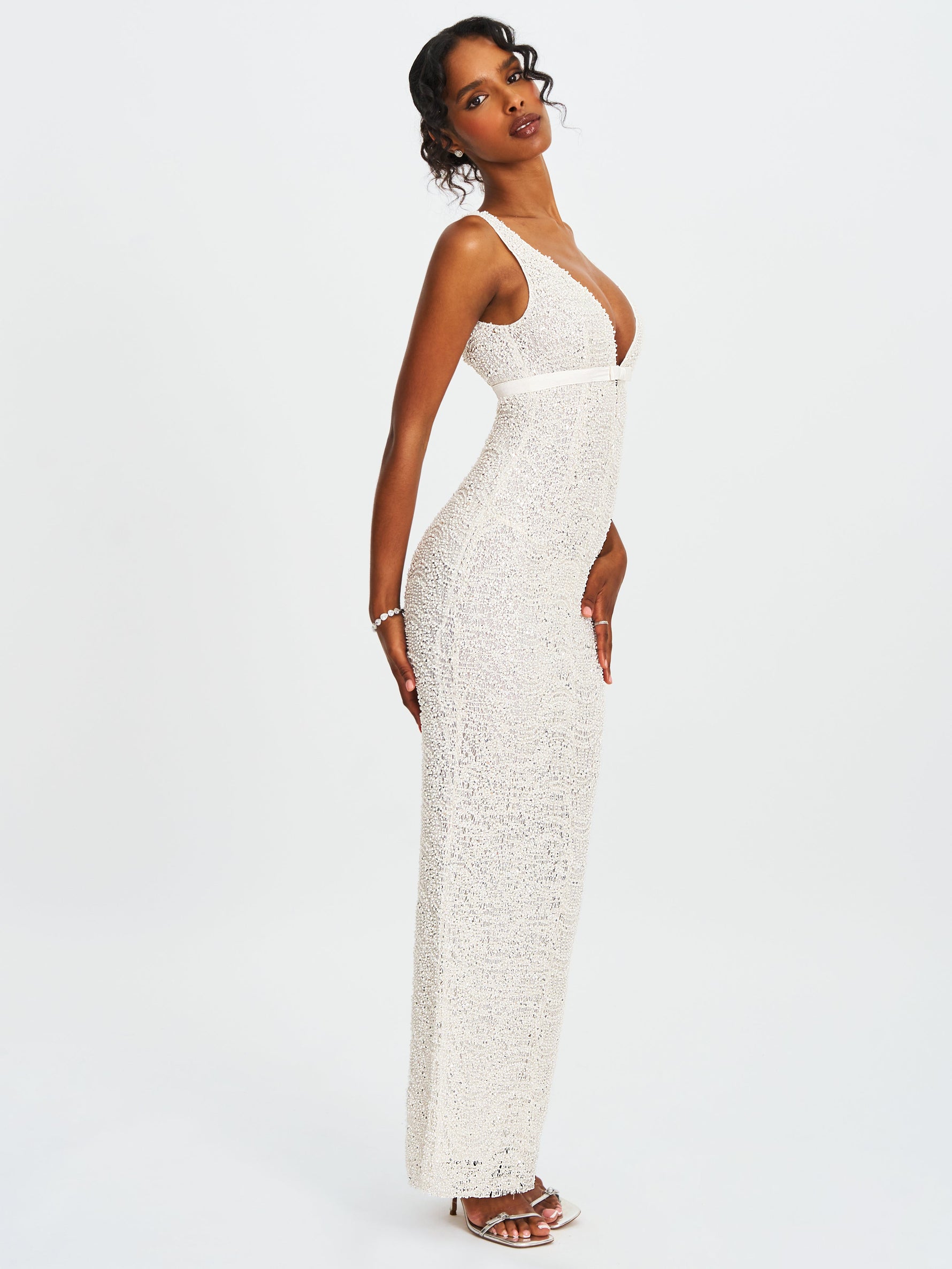 Adelaide White Beaded Sequin Net Bodycon Gown Miss Circle