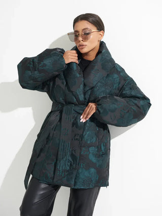Monochrome Jacquard Down Coat in Vintage Emerald - By Baano