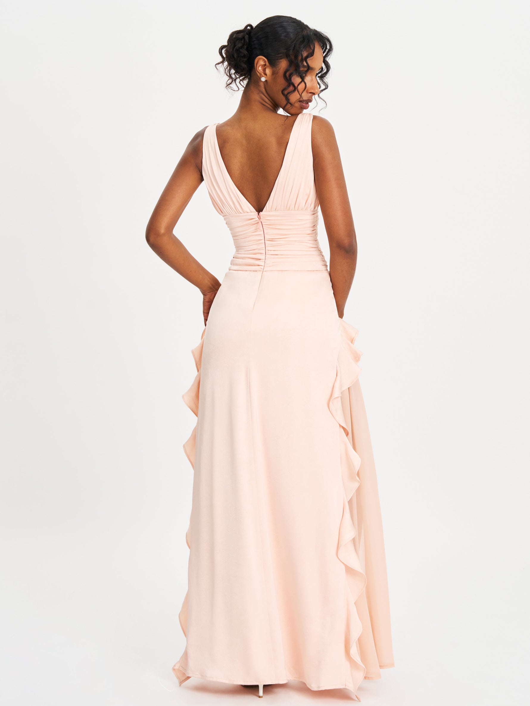 Talyssa Baby Pink Ruched Waist Double High Slit Maxi Gown (Archive Sale)