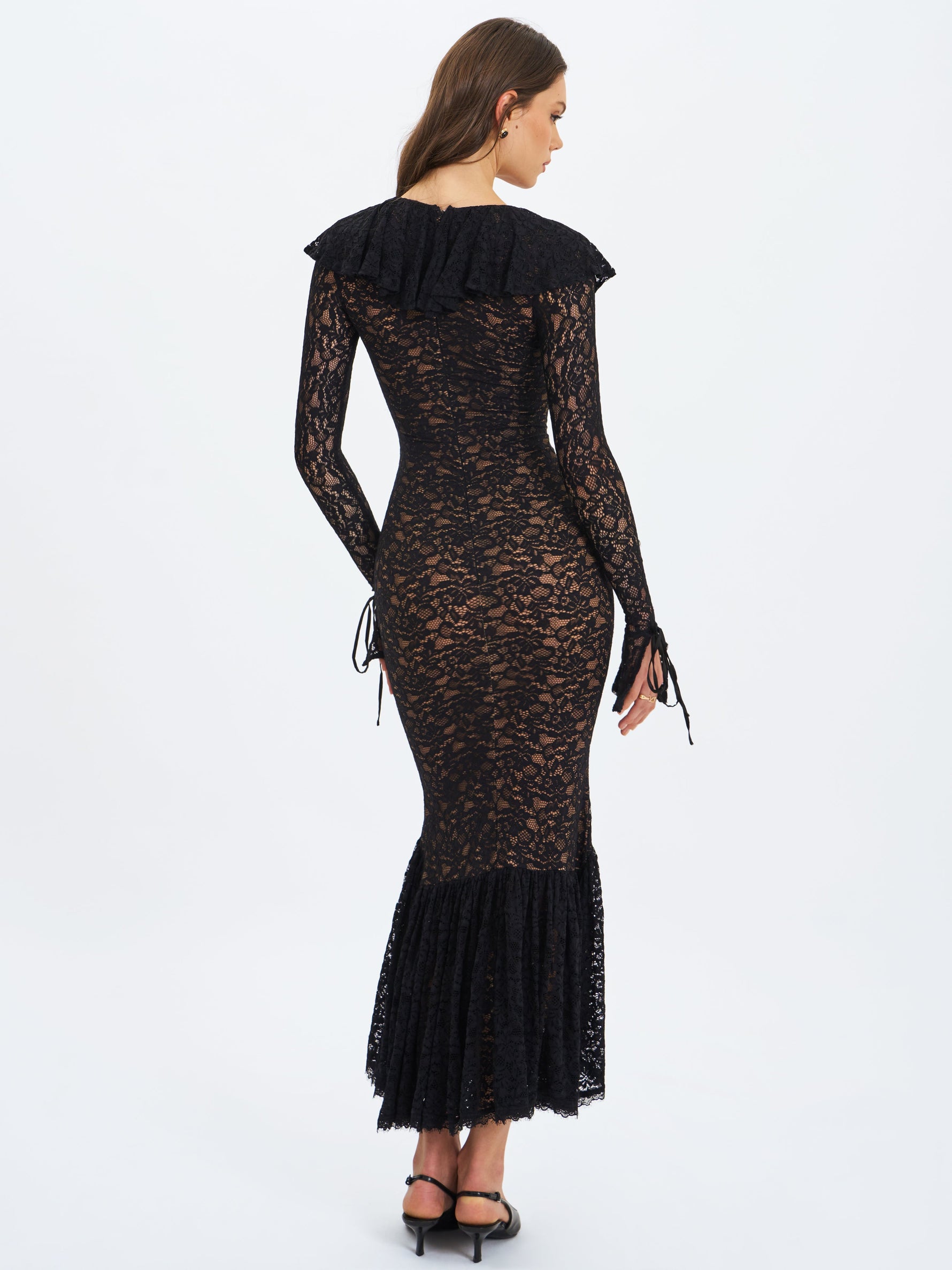 Parisa Black Lace Ruffled Mermaid Maxi Dress