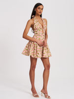 Mackenzie Green and Pink Floral Print Halter Linen Mini Dress Miss Circle