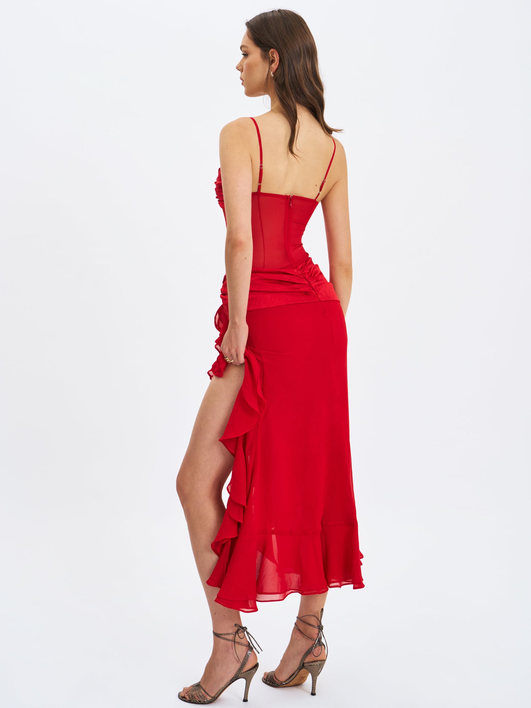 Dahlina Red Ruched Waist High Slit Midi Dress