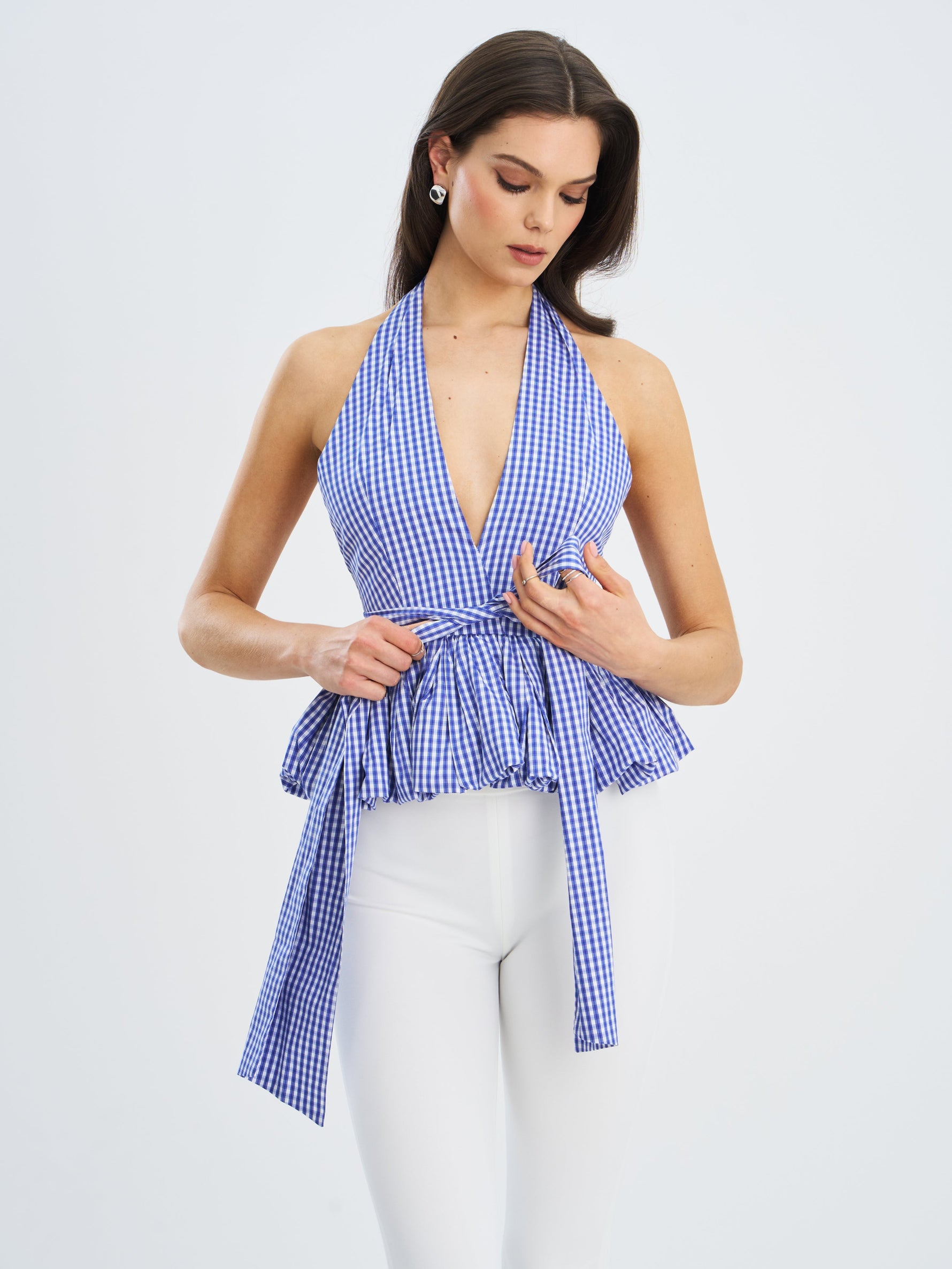 Ilene Blue and White Checkered Bubble Hem Halter Top Miss Circle