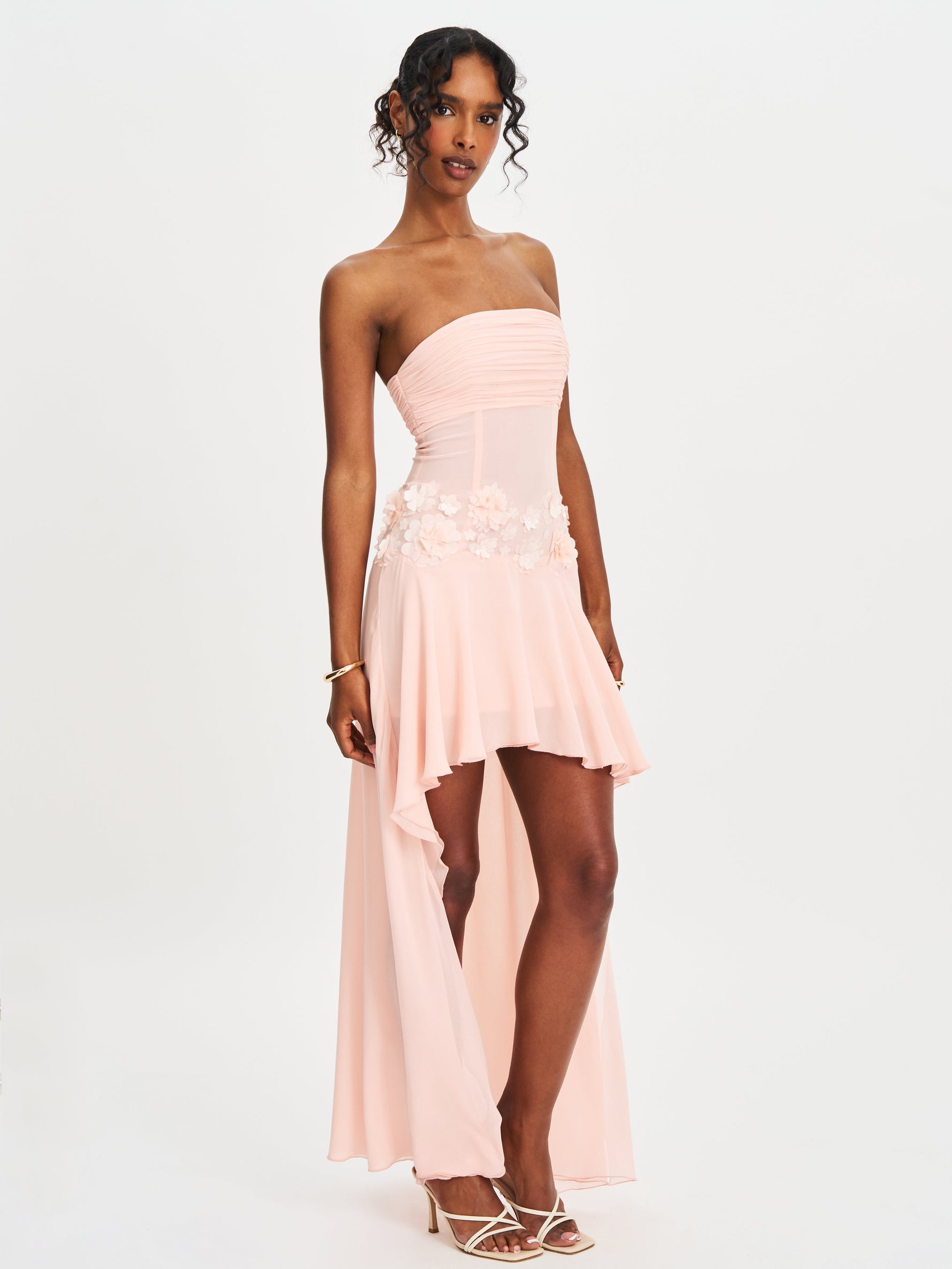 Mae Pink Ruched Breast Appliqué Trim Trailing Dress