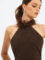 Yael Espresso Vegan Suede Faux Fur Halter Mini Dress Miss Circle