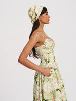 Jacinda Green Floral Print Ruched Breast Linen Midi Dress