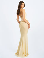 Adelina Butter Yellow Peplum Mermaid Gown with Lace-up Back Miss Circle