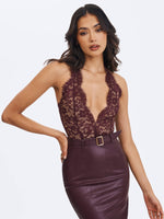 Fiera Mahogany Plunging Halter Belted Midi Dress