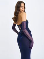 Orabelle Navy Beaded Peplum Mermaid Maxi Gown with Lace-up Back Miss Circle