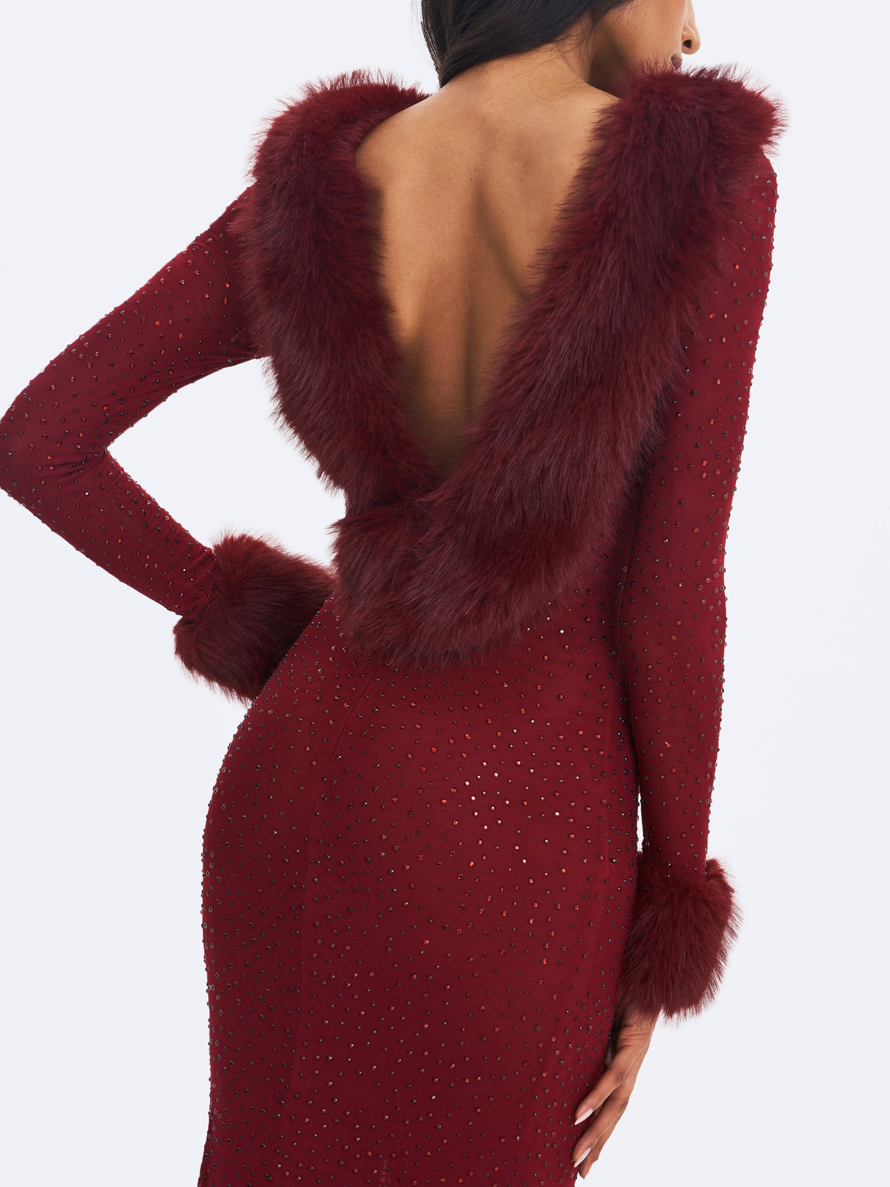 Melrose Burgundy Petite-Length Rhinestone Mesh Low Back Mermaid Gown
