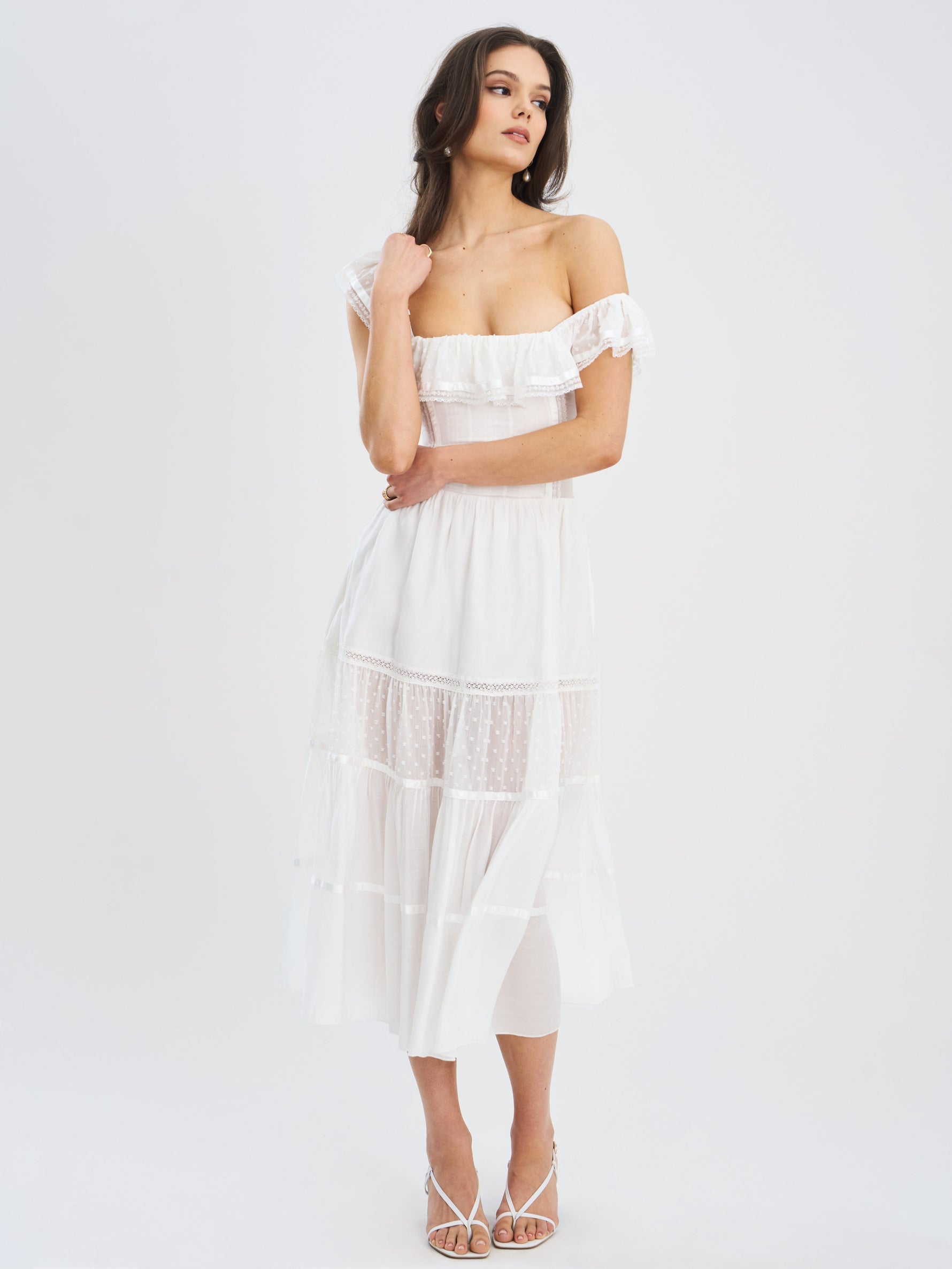 Eden Square Neck Ruffle Trim High Waist Midi Dress