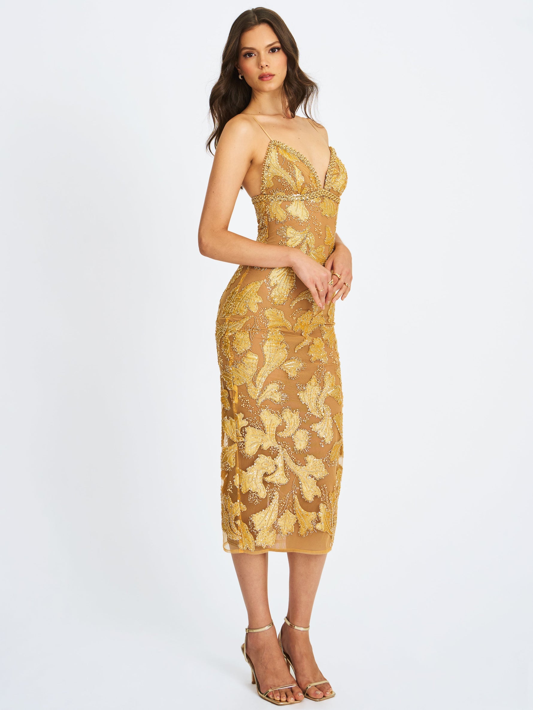 Edie Gold Beaded Sequin Midi Pencil Dress Miss Circle