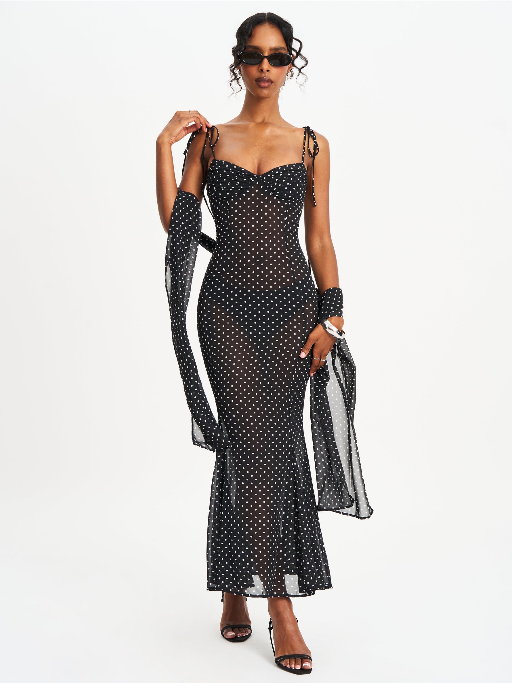 Yadira Black Base Polka Dot Chiffon Maxi Dress Miss Circle