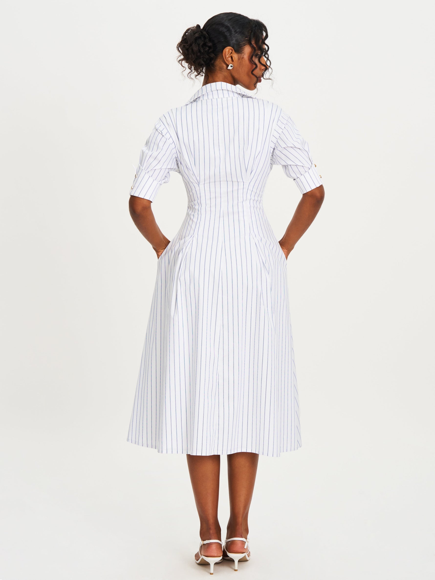 Palina Pinstripes Cotton Poplin Pleated Midi Preppy Shirt Dress Miss Circle