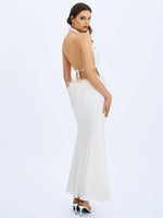 Solene Pleated Halter Backless Feather-Trim Maxi Dress Miss Circle