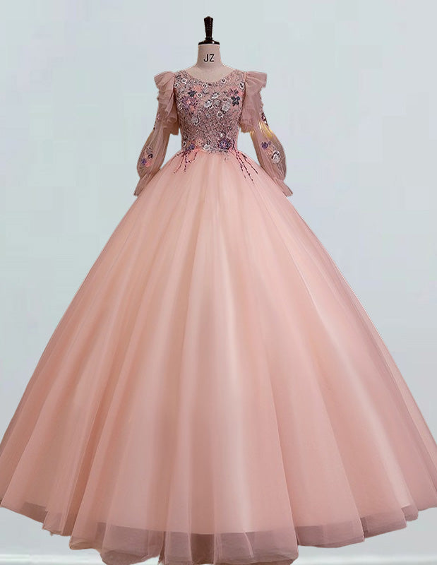 Girls' Elegant Pink Lace Long-Sleeve Scoop Neck Ball Gown Prom Dress