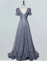 Women's Elegant Gray Sequin V-Neck Prom Dress | Floor-Length Evening Gown
