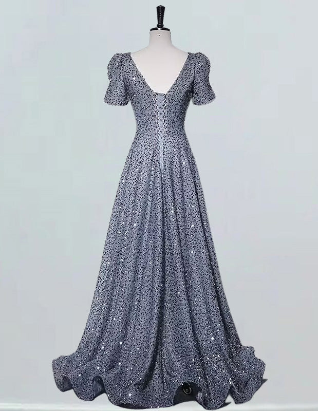 Women's Elegant Gray Sequin V-Neck Prom Dress | Floor-Length Evening Gown
