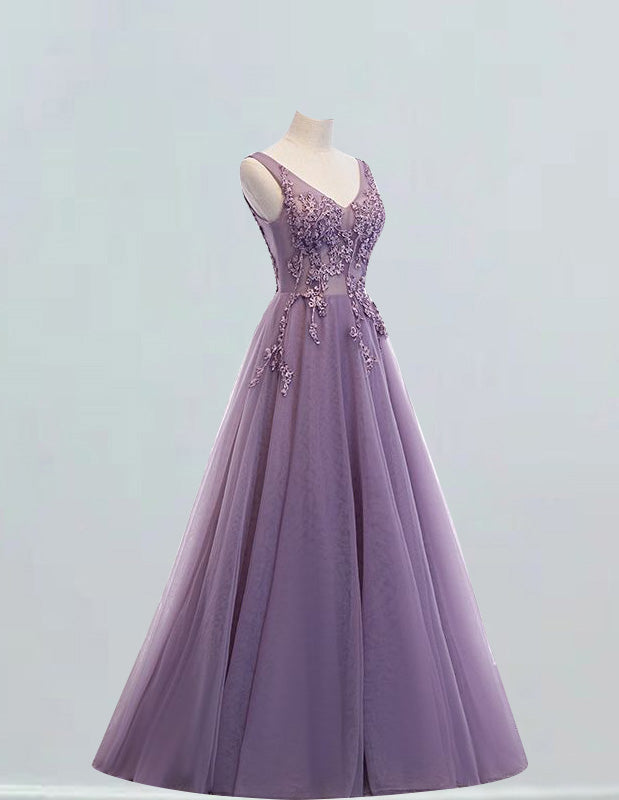 Lilac v neck tulle ball gown lace applique bridal prom dress beading graduation bridal dress tulle floral evening party gown