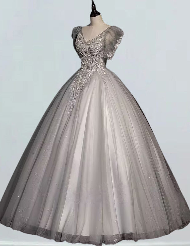 Women's Elegant V-Neck Tulle Bridal Gown | Lace Applique & Beading | Formal Evening Wedding Dress