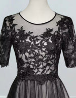 Women's Black Lace Applique Tulle Prom Dress | Boat Neck Evening Gown