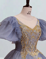 Blue scoop gold lace beaded long short sleeve ball gown prom dress