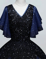 Women's Velvet V-Neck Sparkle Tulle Ball Gown Prom Dress in Dark Navy