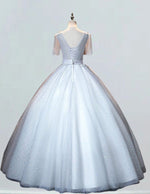 Short Sleeve Sliver Ball Gown V Neck Princess Prom Dress Applique Flower Lace Evening Dress A line Formal Party Gown