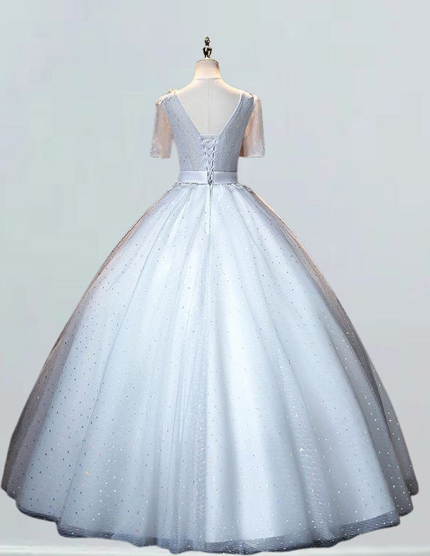 Short Sleeve Sliver Ball Gown V Neck Princess Prom Dress Applique Flower Lace Evening Dress A line Formal Party Gown