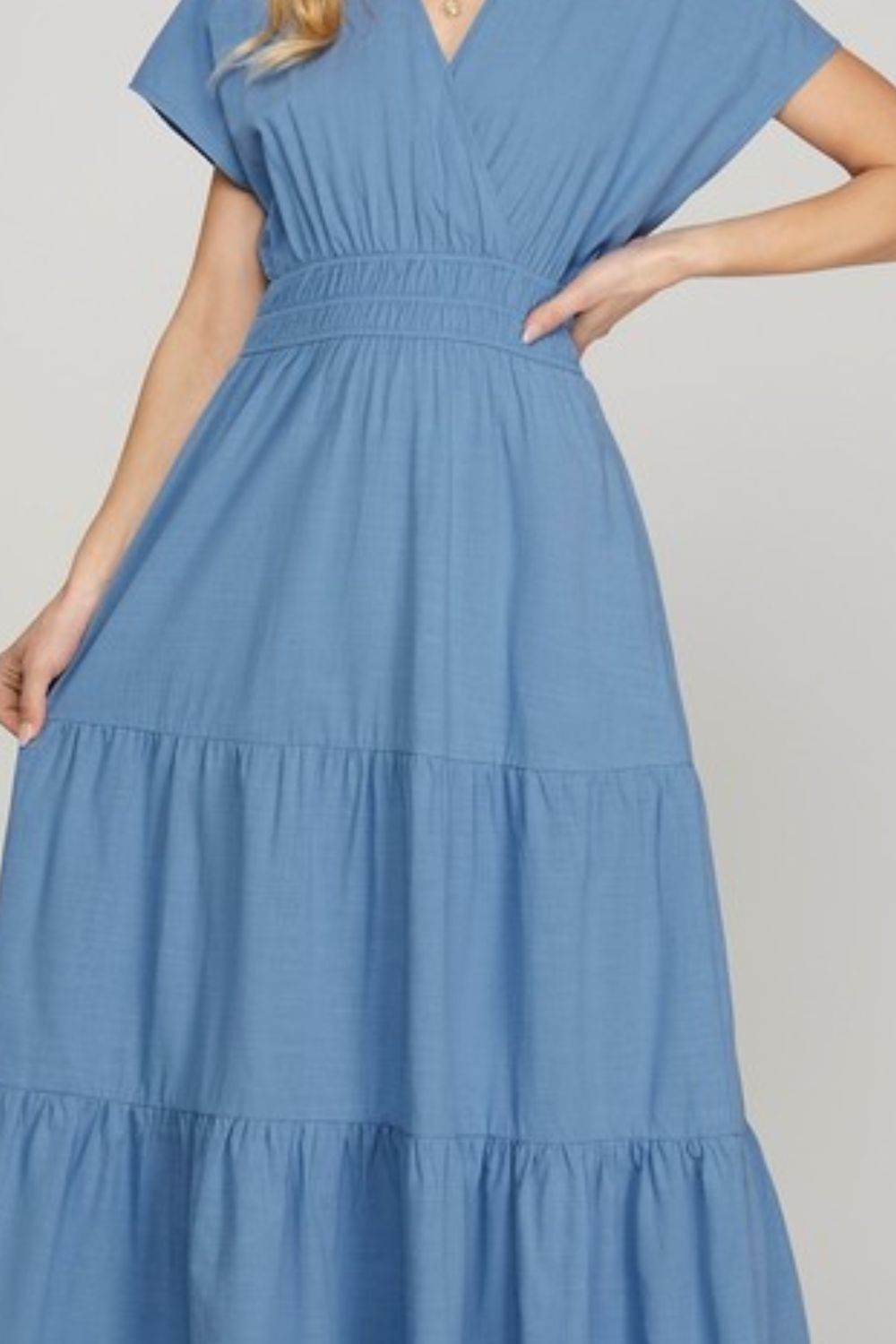 She + Sky Surplice Short Sleeve Tiered Maxi Dress With Pockets - By Baano