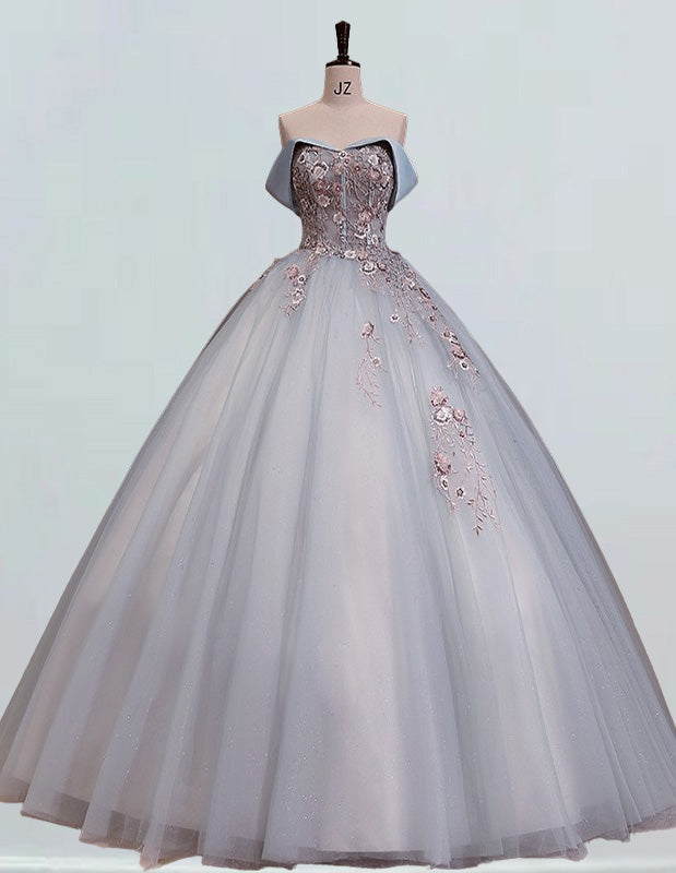 Women's Blue Lace Applique Off-Shoulder Prom Ball Gown | Elegant Evening Dress